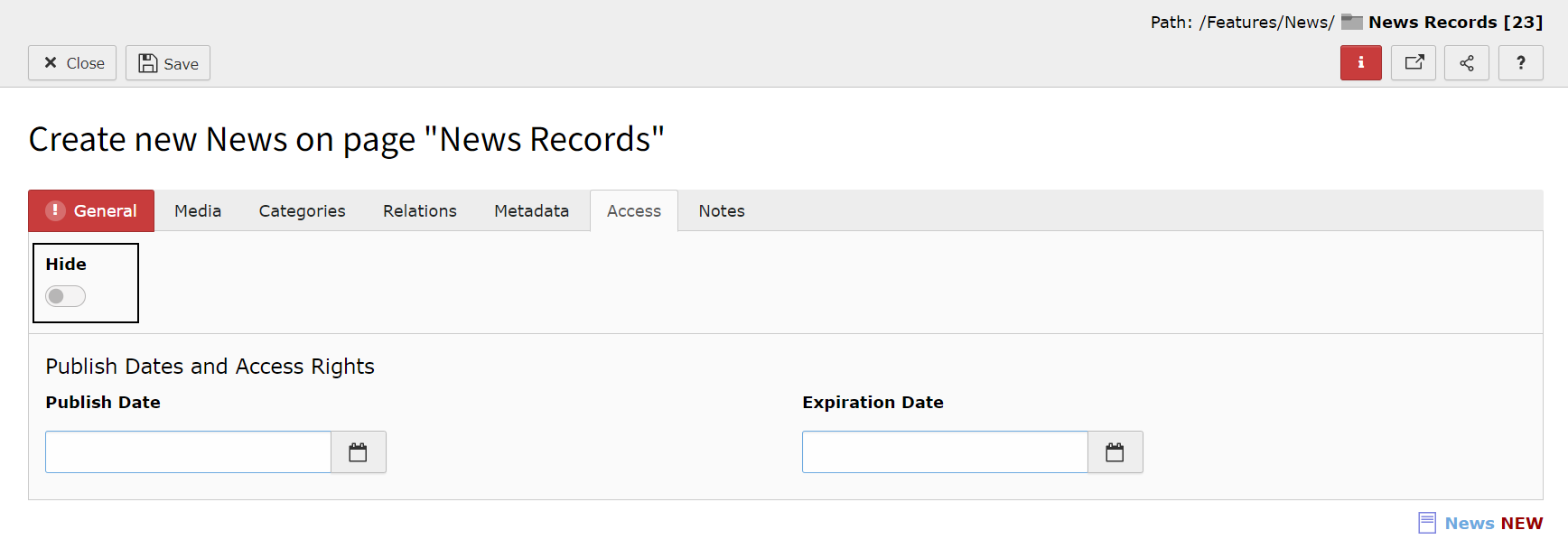 Screenshot of the News Access tab in TYPO3.