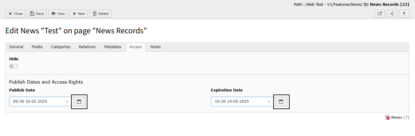 Screenshot of the News Access tab in TYPO3 highlighting the Publish Dates.