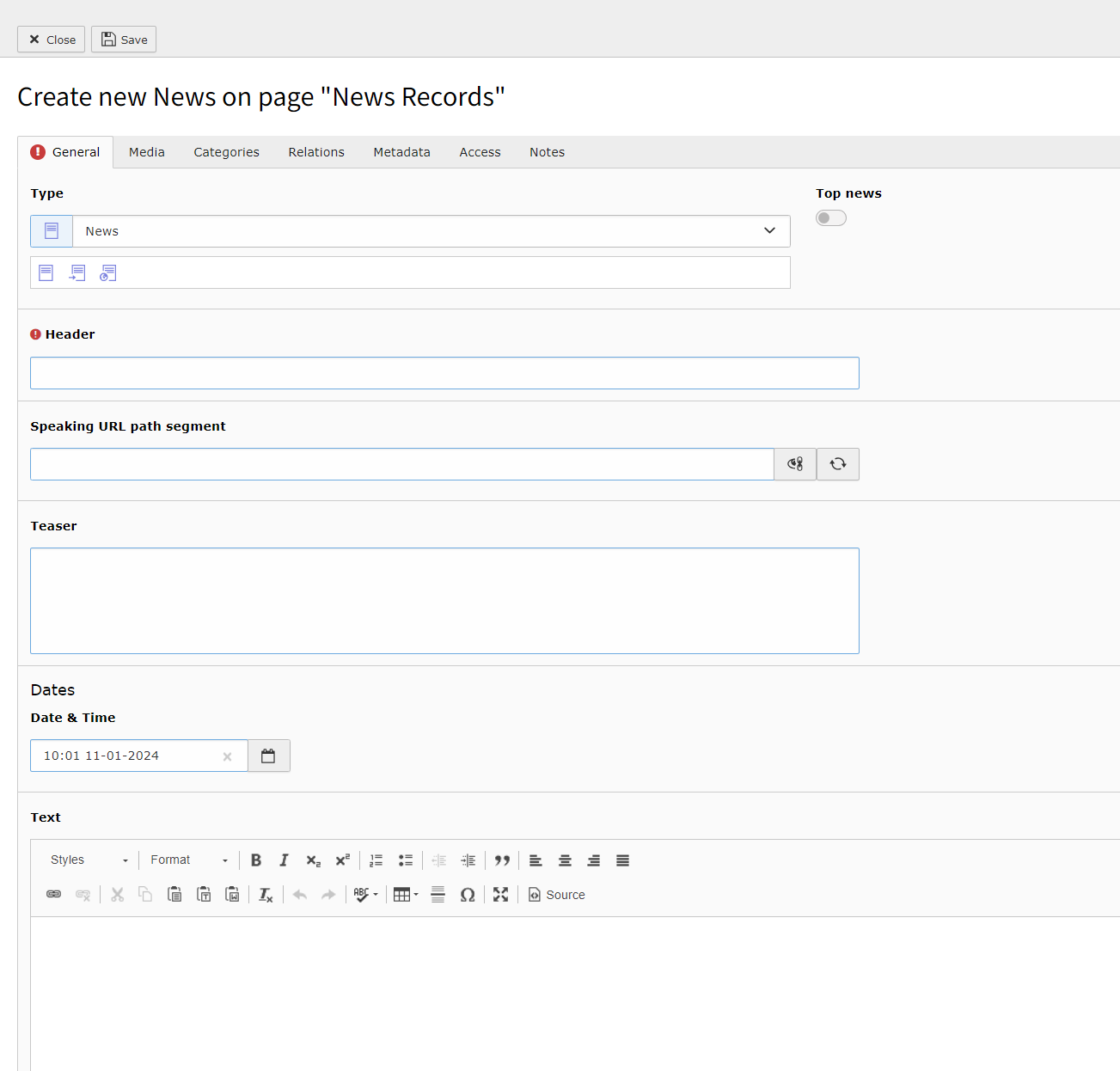 Screenshot of TYPO3 showing the General tab when adding a News Record.