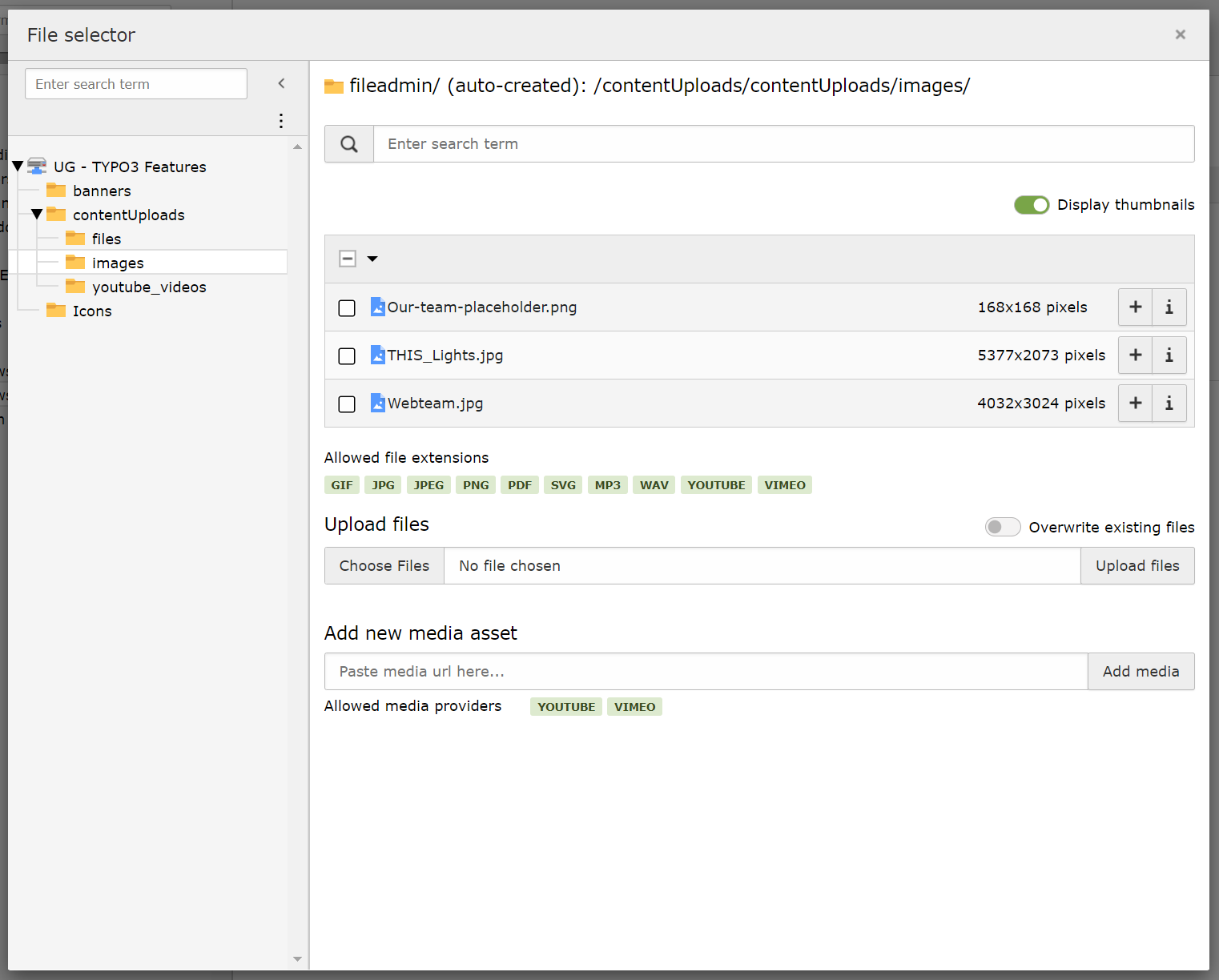 Screenshot of TYPO3's File selector inside the News Media tab.