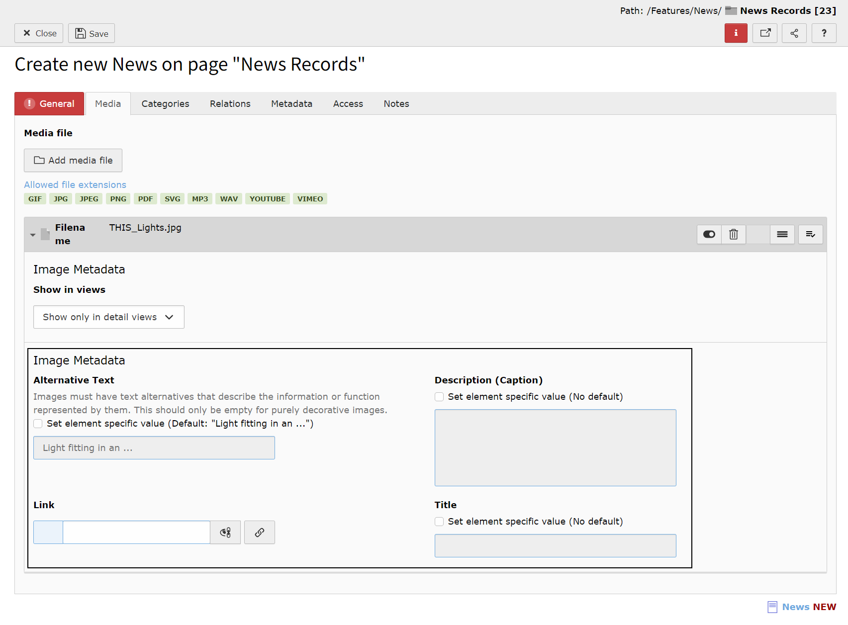 Screenshot of the News Media tab highlighting the Image Metadata.