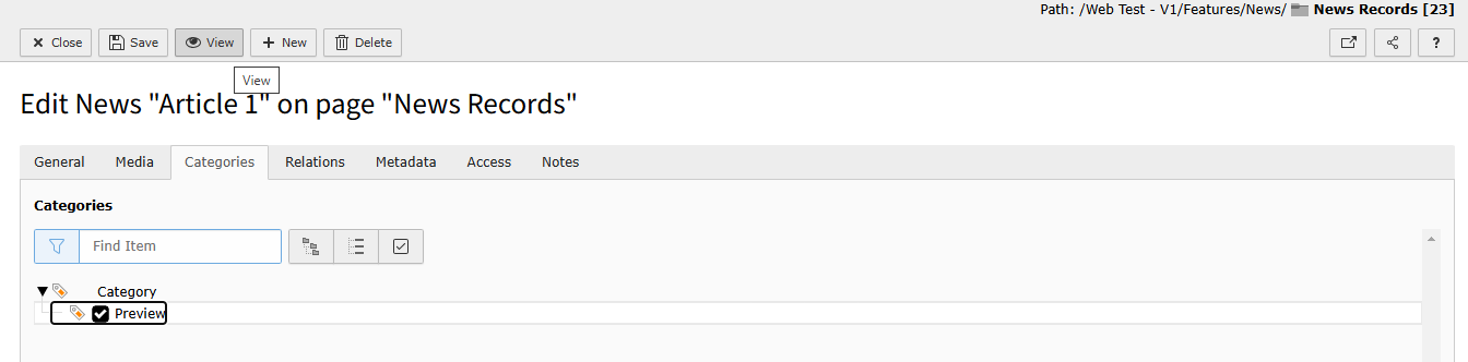 Screenshot of the News Categories tab.