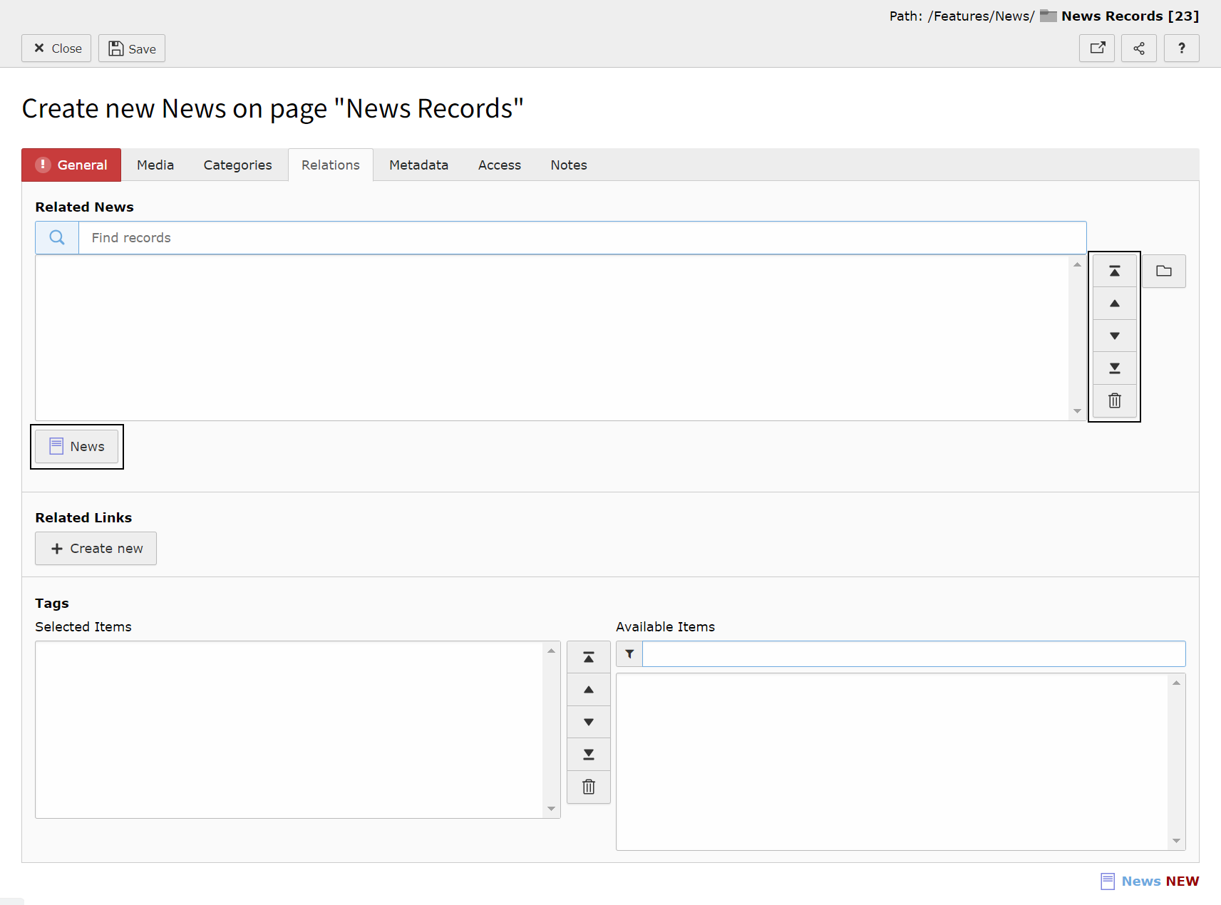 Screenshot of the News Relations tab highlighting the Related News area.