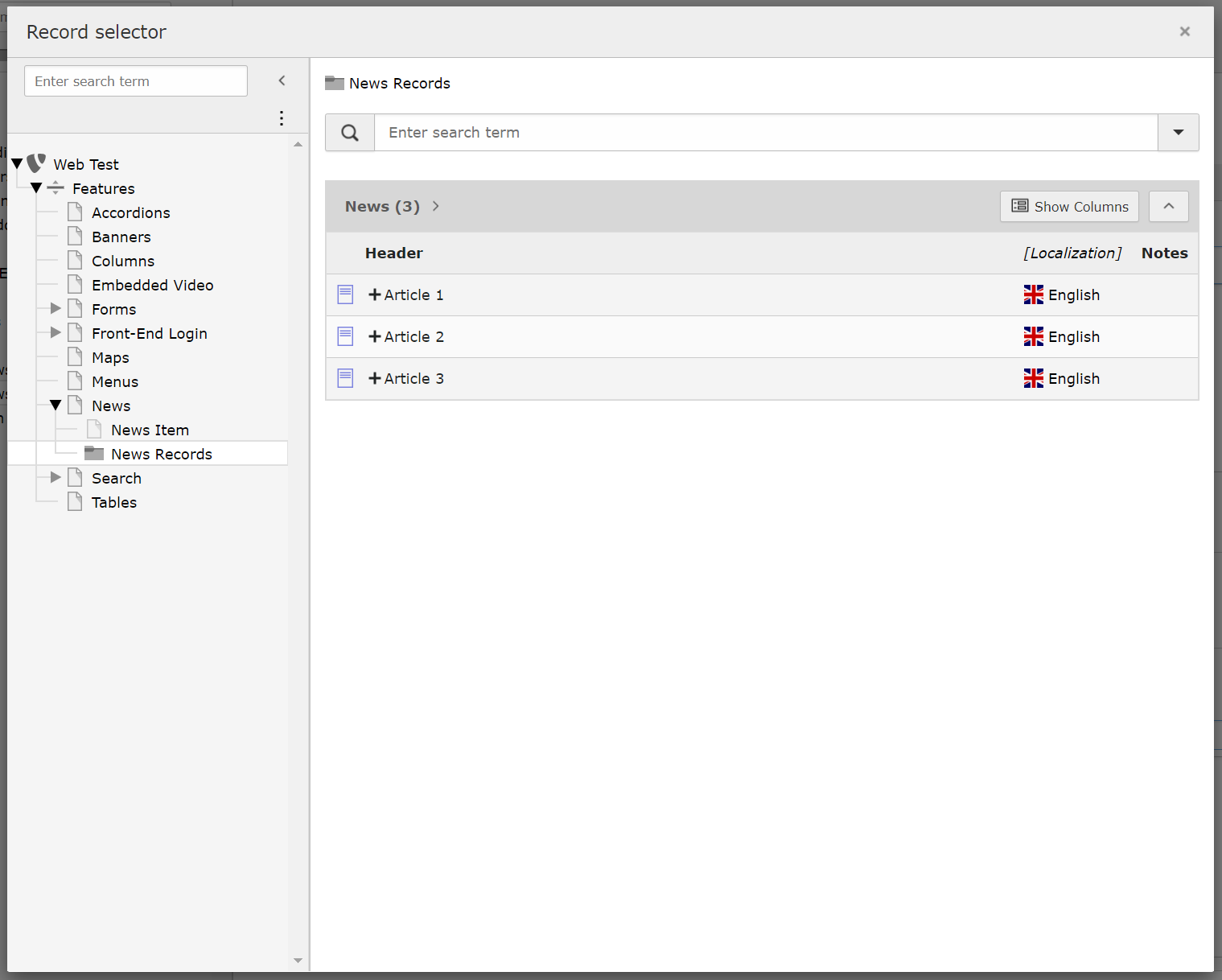 Screenshot of TYPO3's News Record selector pop-up window.