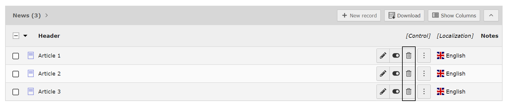 Screenshot TYPO3 in List view showing the News articles highlighting the Delete function.