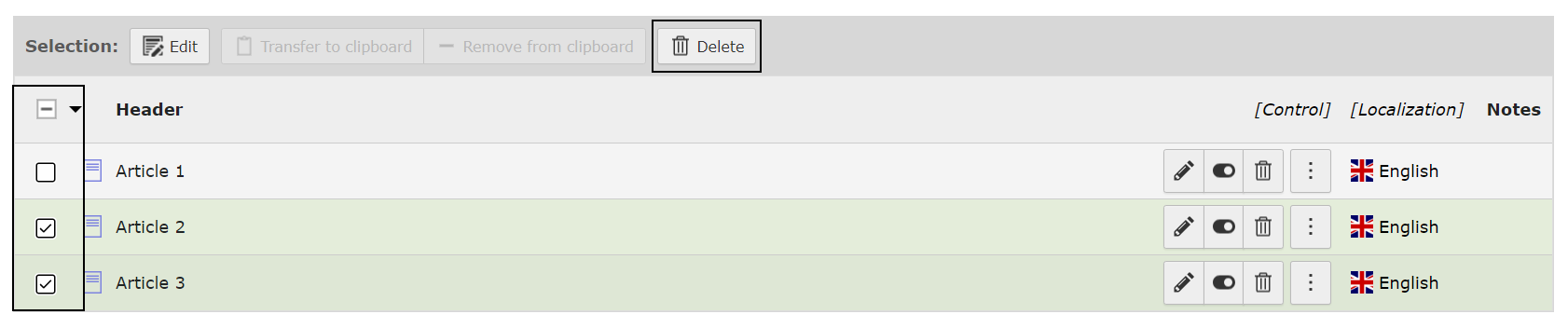 Screenshot TYPO3 in List view showing the News articles highlighting the batch Delete function.