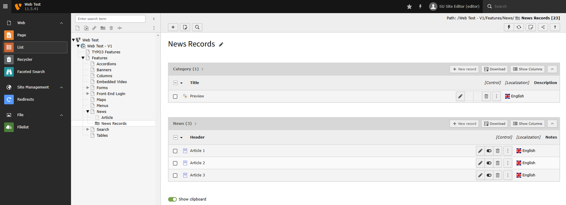 Screenshot of TYPO3 in List view showing the contents in the News Record Folder.