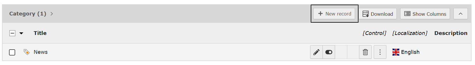 Screenshot of Categories inside TYPO3 highlighting the New record button.