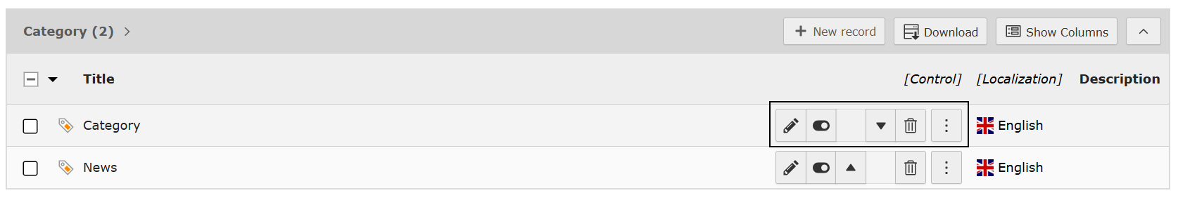 Screenshot of categories inside TYPO3 highlighting the action buttons.