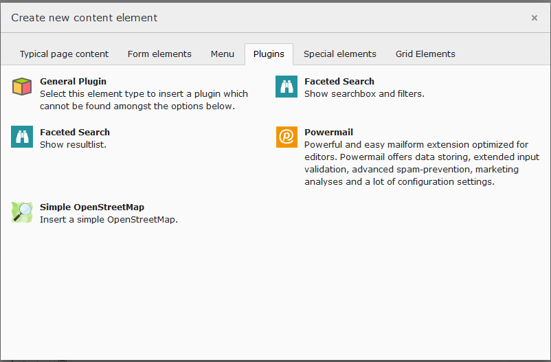 A screenshot of an interface for Create new content element and a view of options under the plugins tab.