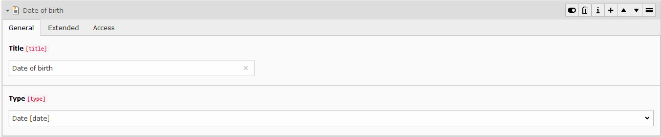 A screenshot of the Date of birth option. General tab and Title field and Type drop-down menu.