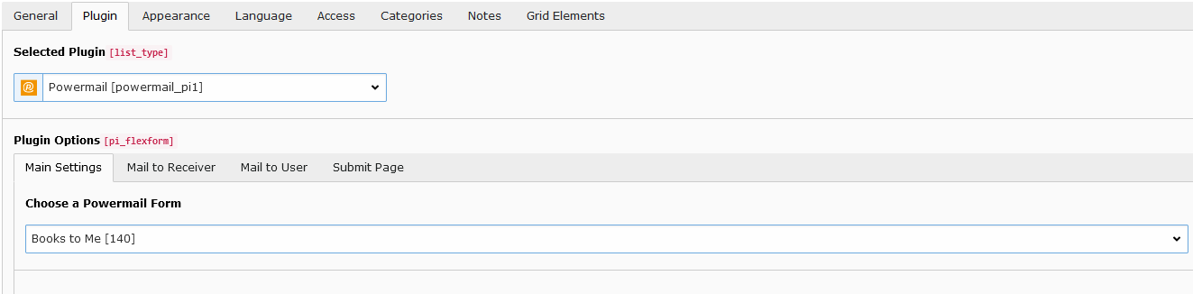 A screenshot of an interface for Powermail plugin and under the Main Settings tab we have Choose a Powermail Form drop-down menu.