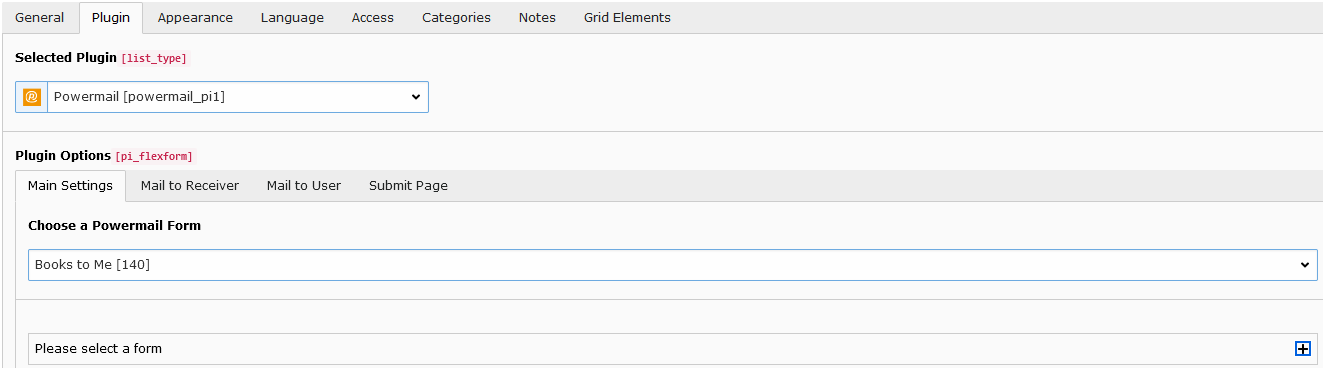 A screenshot of an interface for Powermail plugin and under the Main Settings tab we have the Choose a Powermail Form drop-down menu and Please select a form.