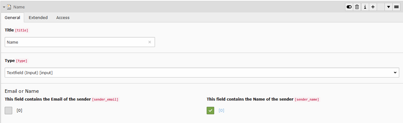 A screenshot of the name option. General tab and Title field and type drop-down menu and two tick boxes.