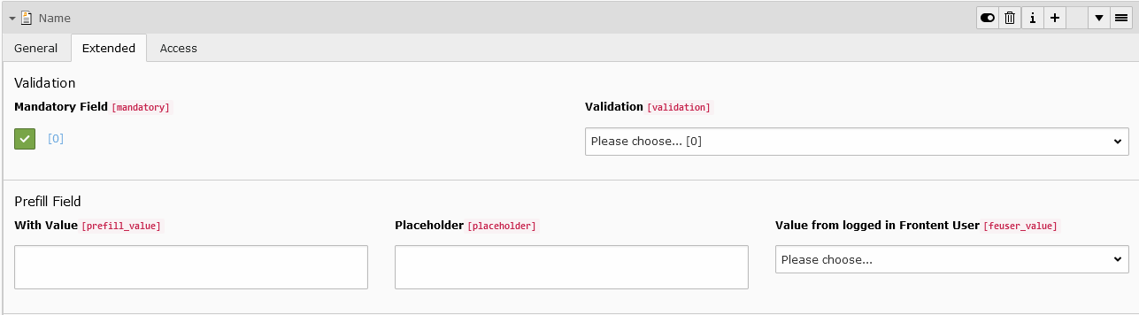 A screenshot of the name option. Extended tab and Validation field and Validation drop-down menu, Prefill Field with two large text fields and Value from logged in Front User drop-down menu