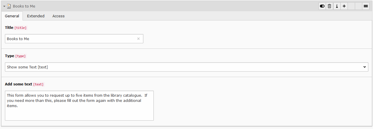 A screenshot of the Books to Me option. General tab and Title field and Type drop-down menu, Add some text with a large text field.