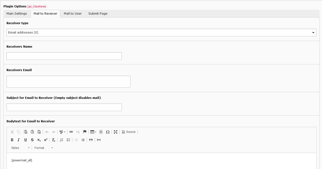 A screenshot of the Plugin options. Mail to Receiver tab showing Receiver type drop-down menu and Receivers Name and Receivers email and Subject for Email to Receiver fields