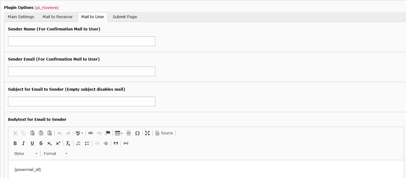 A screenshot of the Plugin options. Mail to User tab showing Sender Name and Sender Email and Subject for Email to Sender fields
