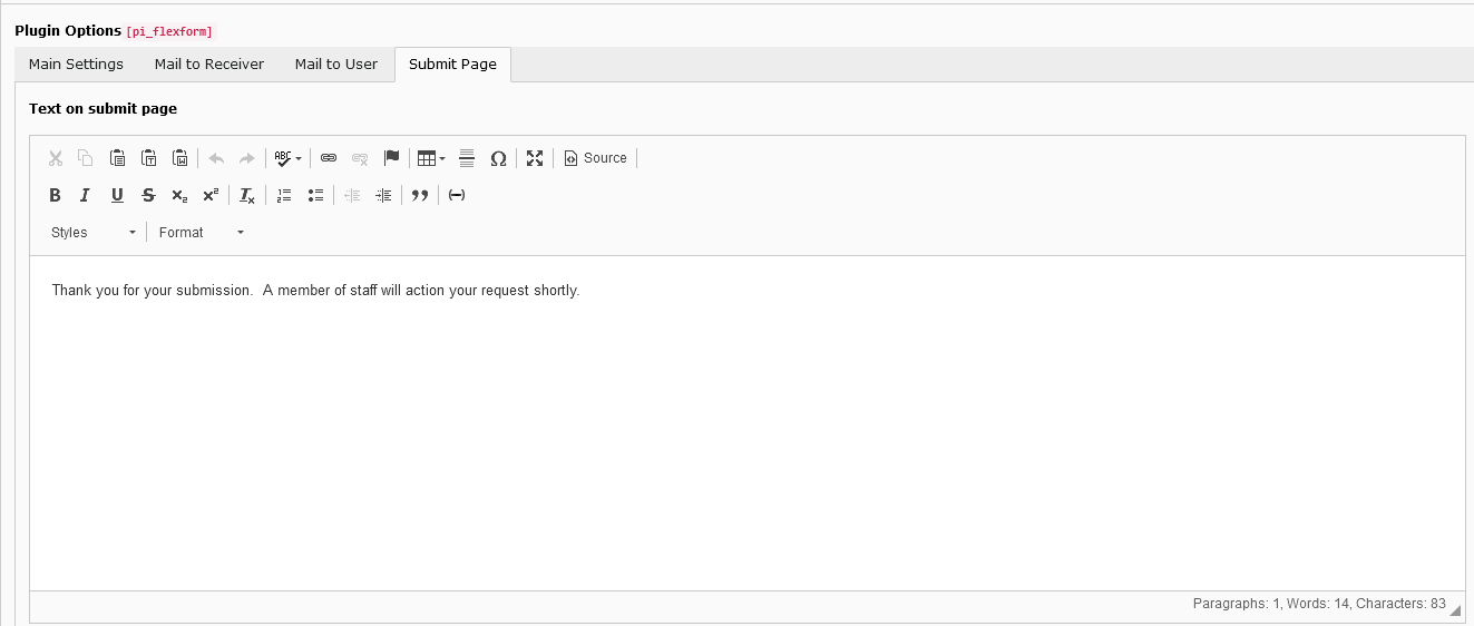 A screenshot of the Plugin options. Submit page tab showing Test on submit page and interface of options and a very large text field.