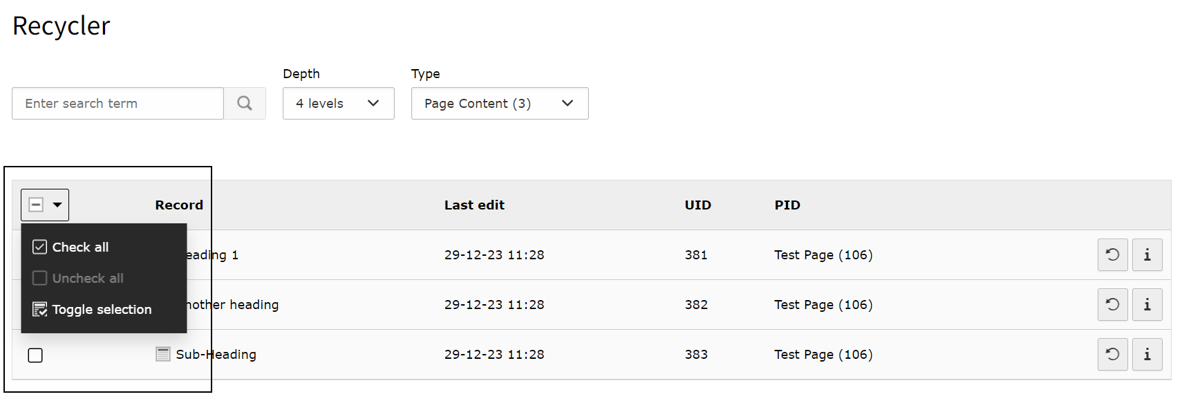 Screenshot of TYPO3's Recycler showing the Clipboard selection tool.