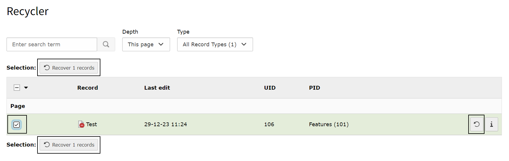 Screenshot of TYPO3's Recycler showing a deleted page selected for recovery.
