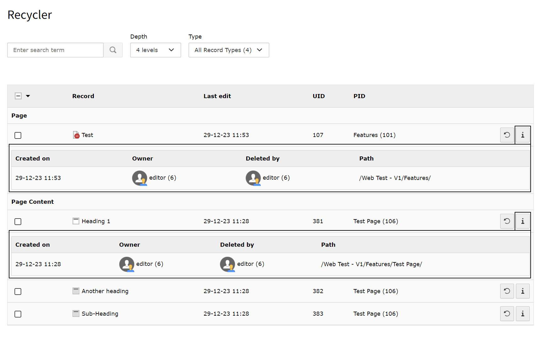 Screenshot of TYPO3's Recycler showing the Information panel.