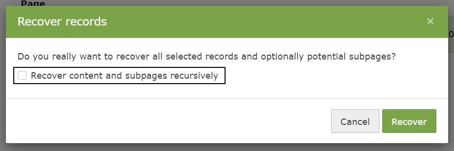 Screenshot of TYPO3's Recycler Recover records confirmation box.