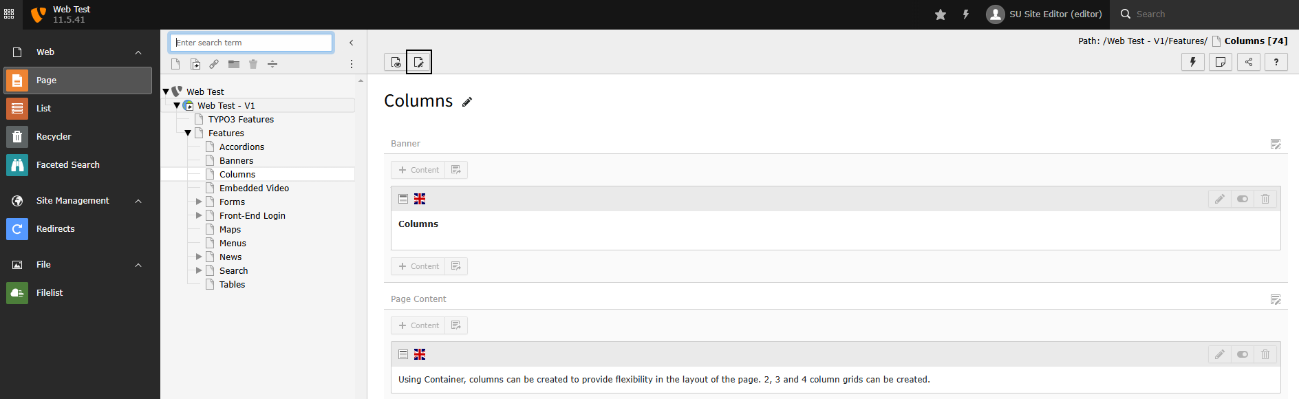 Screenshot of TYPO3's Backend in Page view highlighting the edit icon