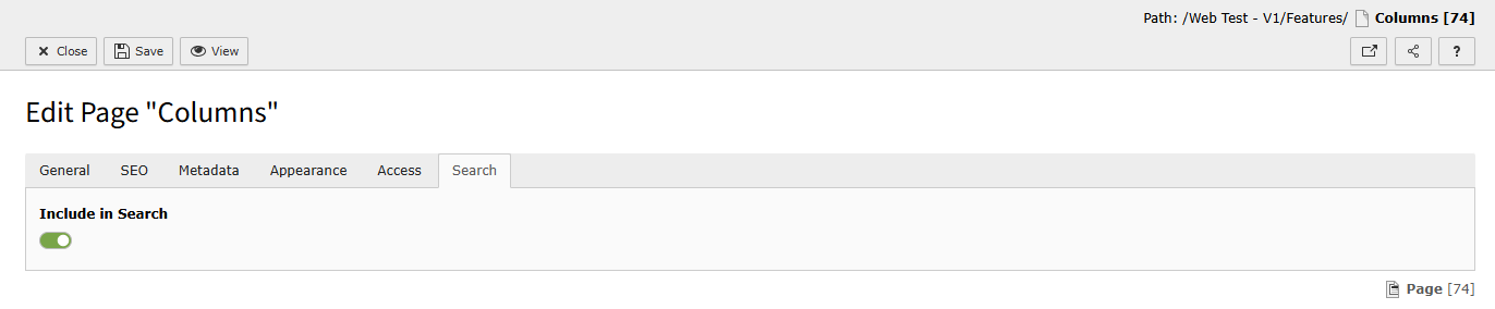 Screenshot of the Search tab inside a page