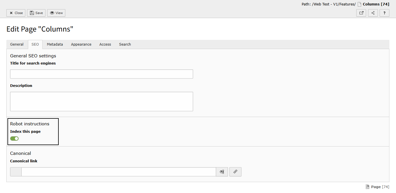 Screenshot of the SEO tab inside a page highlighting the Robot instructions