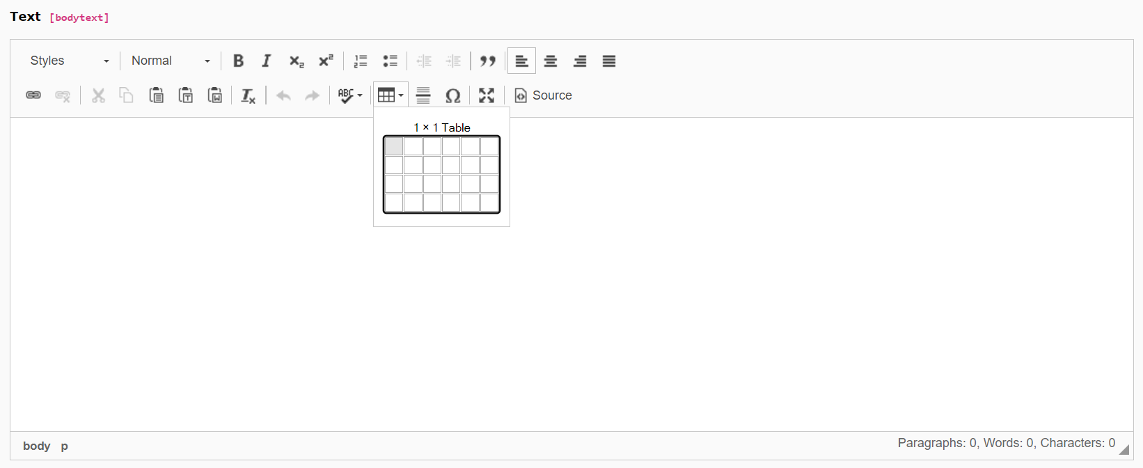 Screenshot of TYPO3's RTE showing the Table Creation icon.