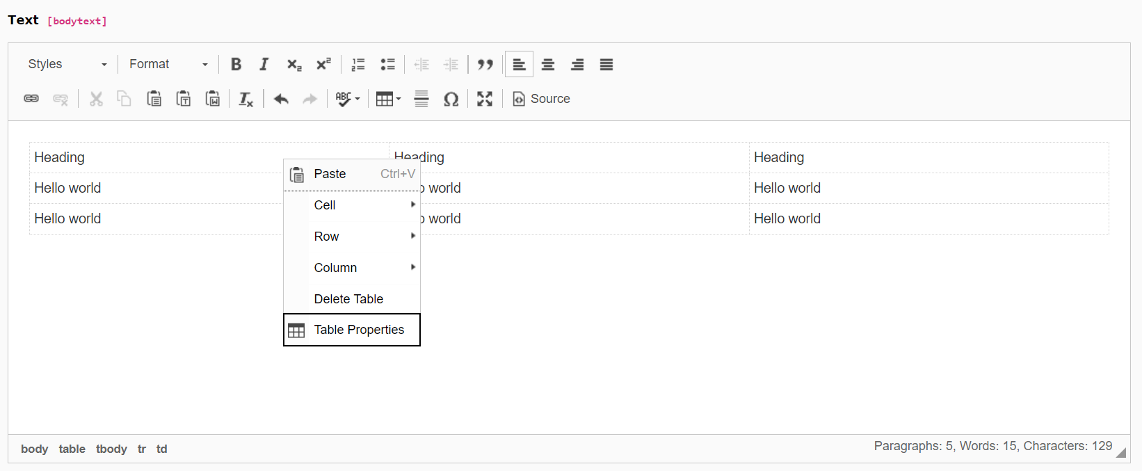 Screenshot of TYPO3's RTE showing the Table dropdown menu.