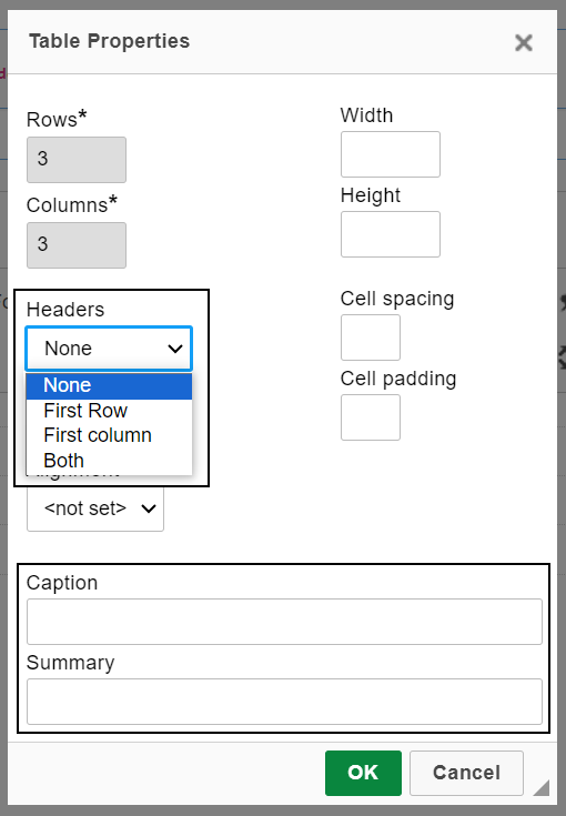 Screenshot of TYPO3's Table Properties window.