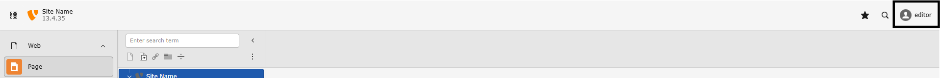 Screenshot showing TYPO3 Backend with the user name button highlighted.
