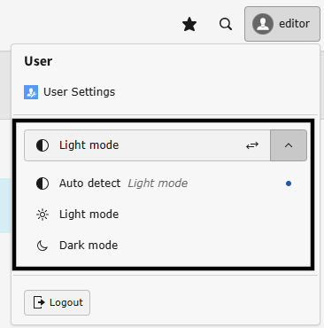 Screenshot highlighting the Color scheme options under user name button.