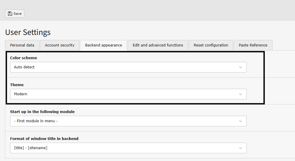 Screenshot of the Backend appearance tab under User Settings. Color scheme and Theme are highlighted. 