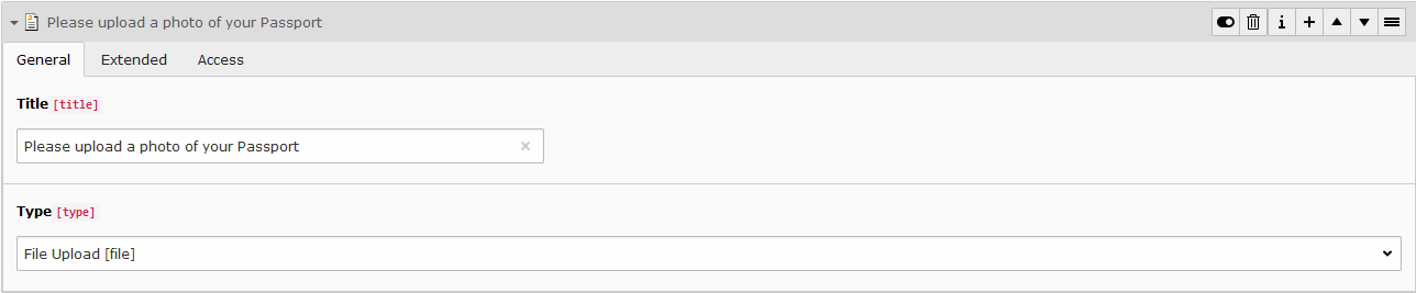 A screenshot of the Please upload a photo of your Passport option. General tab and Title field and Type drop-down menu.