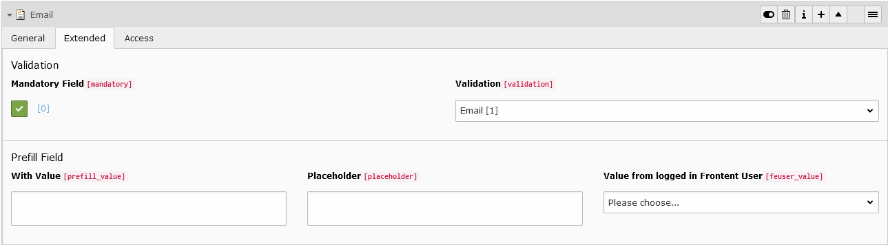 A screenshot of the email option. Extended tab and Validation field and Validation drop-down menu, Prefill Field with two large text fields and Value from logged in Front User drop-down menu